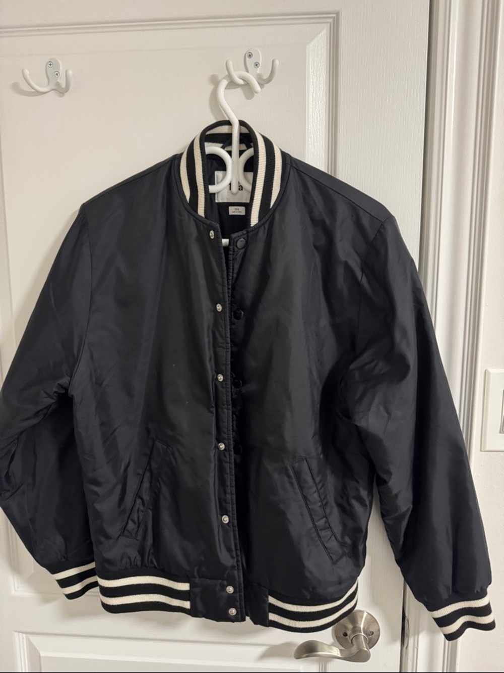 TNA Black Bomber Jacket with Contrast Striped Collar and Hem